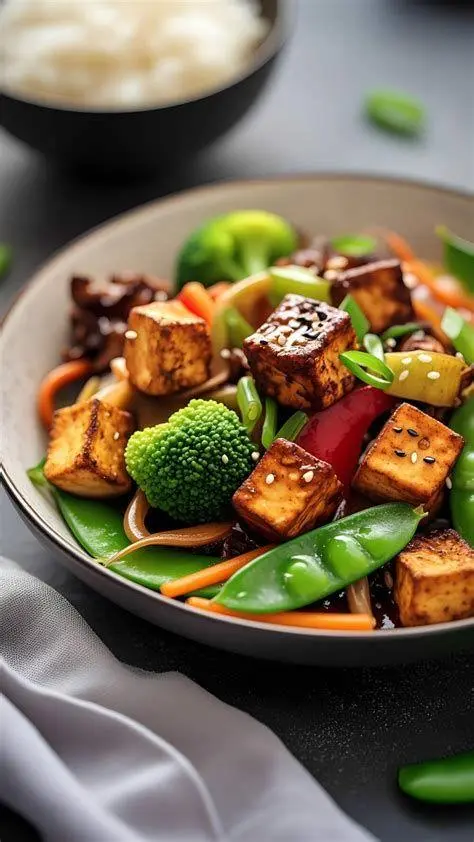 Tumis Sayuran Tahu Tumis sayuran dan tahu sebagai menu makan malam vegetarian