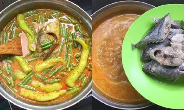 Proses memasak gulai ikan di dalam kuali besar