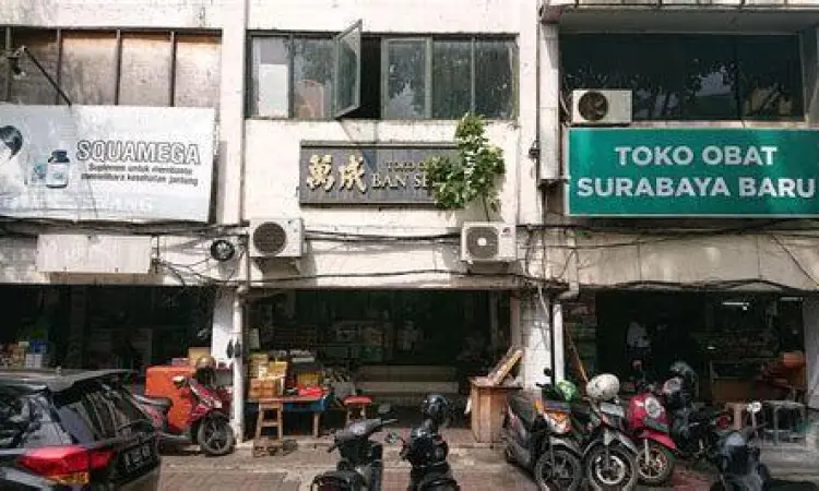 Toko Obat Tradisional Deretan laci kayu obat herbal tradisional di pasar pecinan