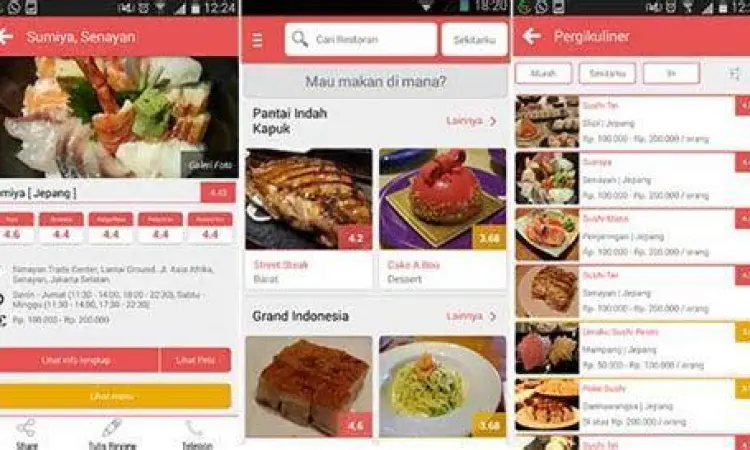 Tampilan aplikasi smartphone mencari restoran terdekat