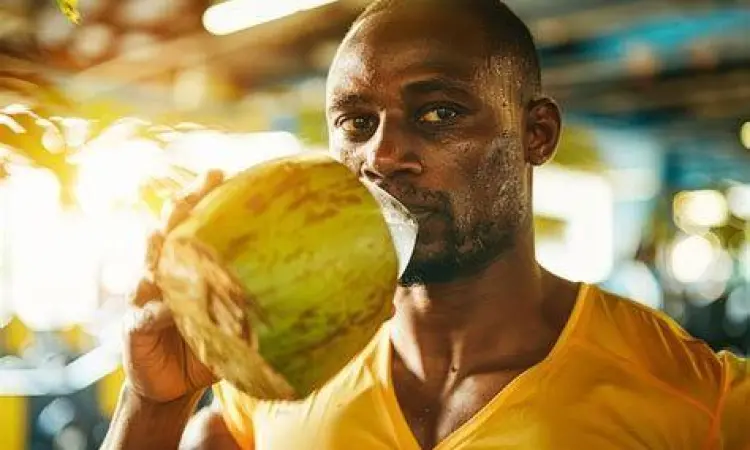 Hidrasi Pasca Latihan atlet meminum air kelapa kemasan setelah olahraga