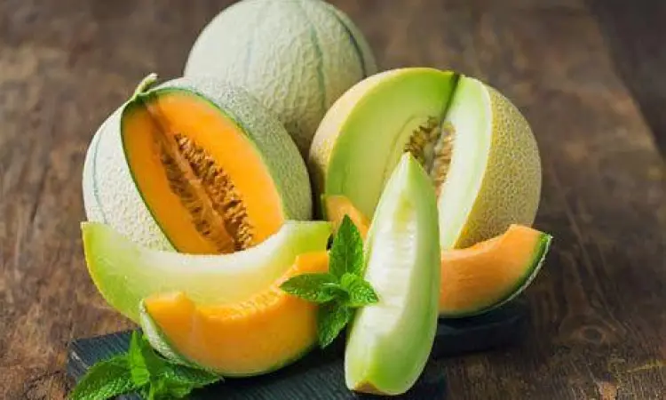 Perbandingan Warna Daging Buah Melon gambar buah melon varietas hijau dan oranye yang sudah dibelah