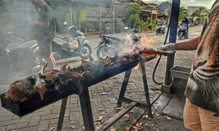 Proses membakar sate di atas arang panas