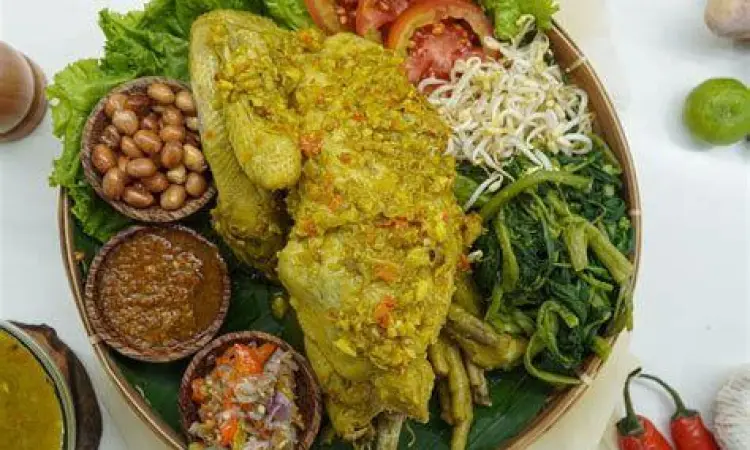 penyajian ayam betutu dengan plecing kangkung
