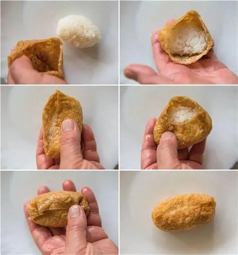 Proses Pengisian Nasi ke Aburage langkah pembuatan inari sushi